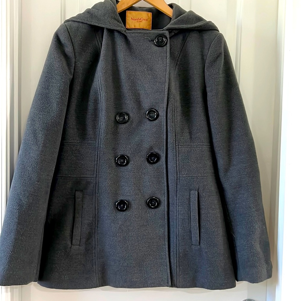 Grey hooded winter coat.
